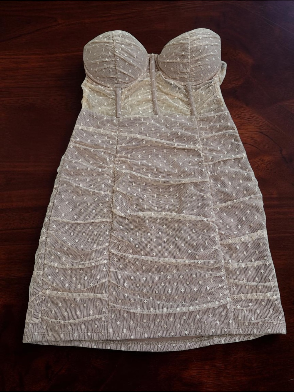 h:ours Strapless Taupe Dot Mesh Mini Dress